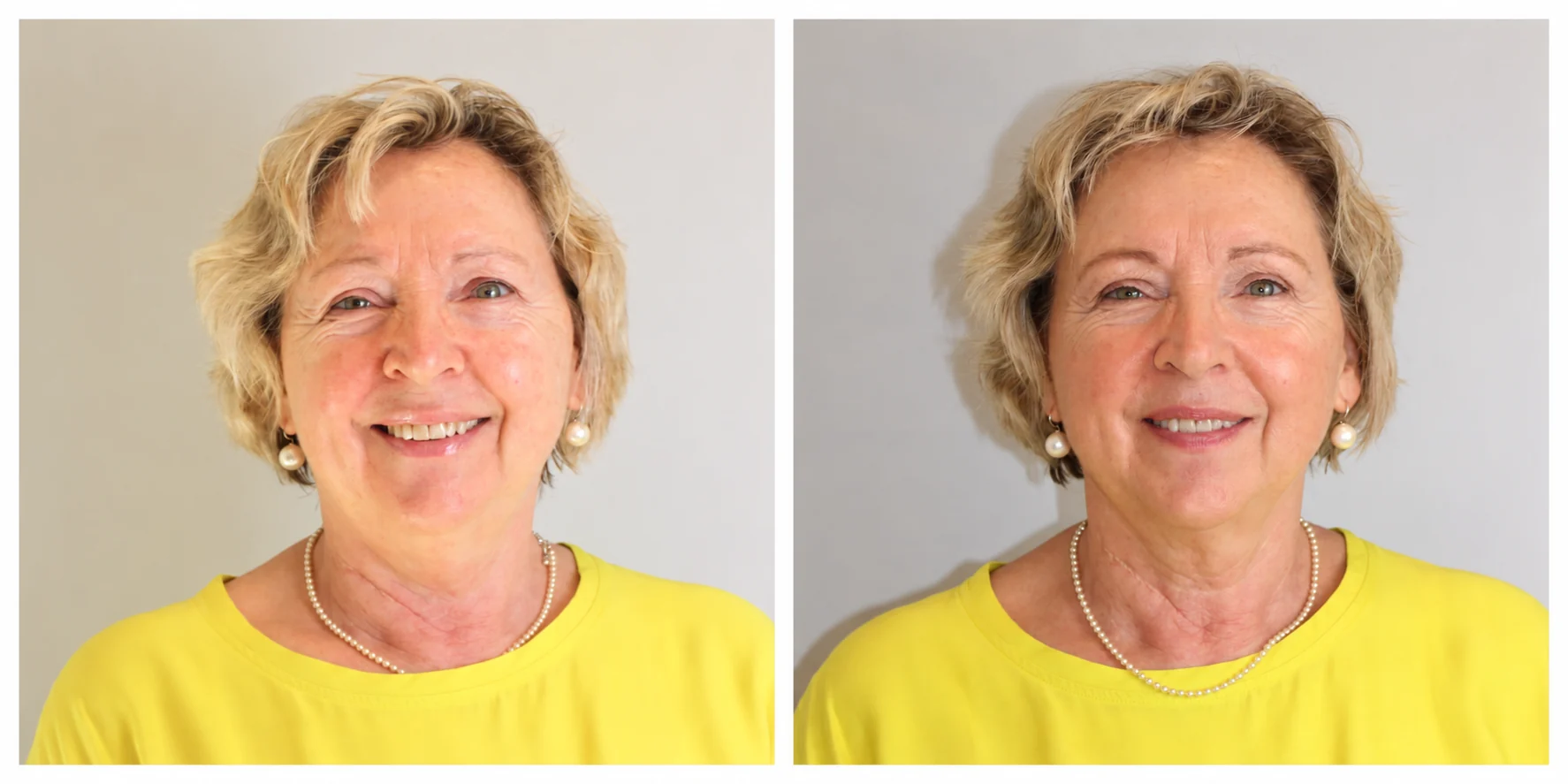 Workshop-Teilnehmerin mit kurzem blondem Haar: links vor dem Schminken, rechts mit natürlichem Make-up