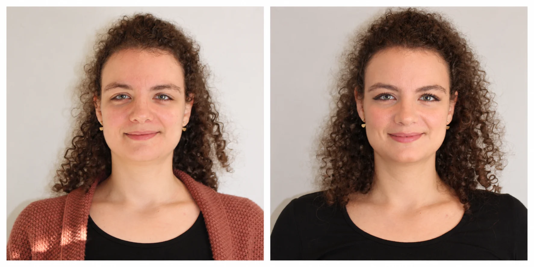 Workshop-Teilnehmerin mit lockigem Haar: links vor dem Schminken, rechts mit natürlichem Make-up