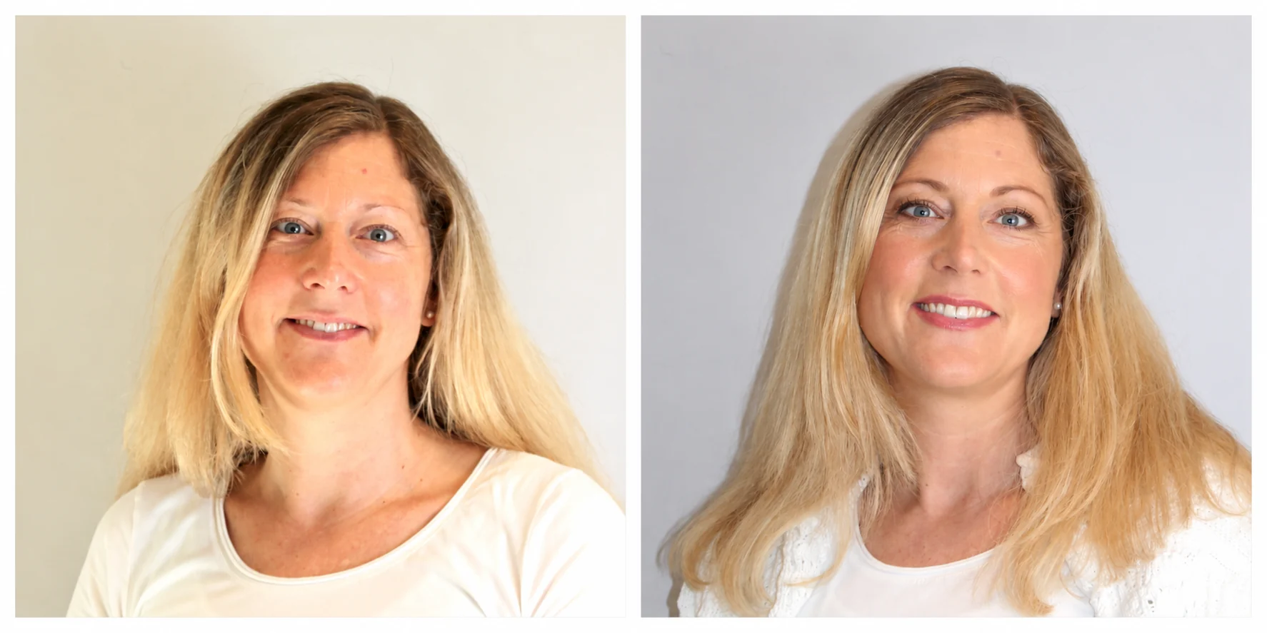 Workshop-Teilnehmerin mit langem blondem Haar: links vor dem Schminken, rechts mit natürlichem Make-up