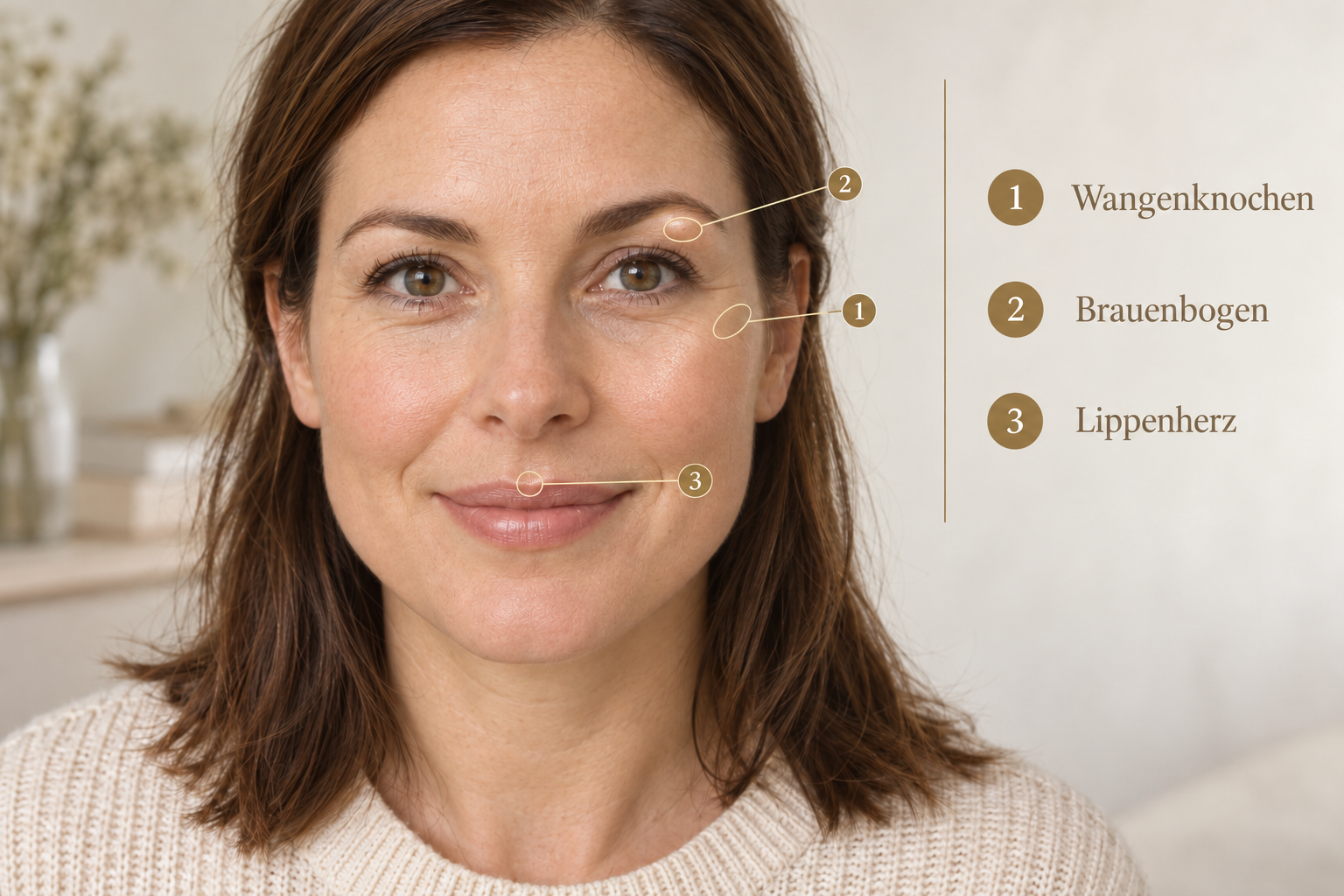 Natürliches Gesicht mit drei fein markierten Glow-Zonen: oberer Wangenknochen, unter dem Brauenbogen und Lippenherz