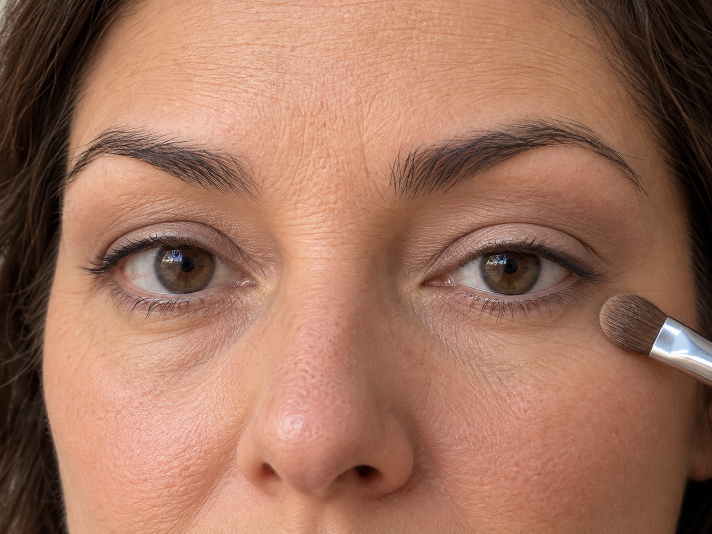Der fertige natürliche Schlupflid-Look wird mit geöffneten Augen kontrolliert